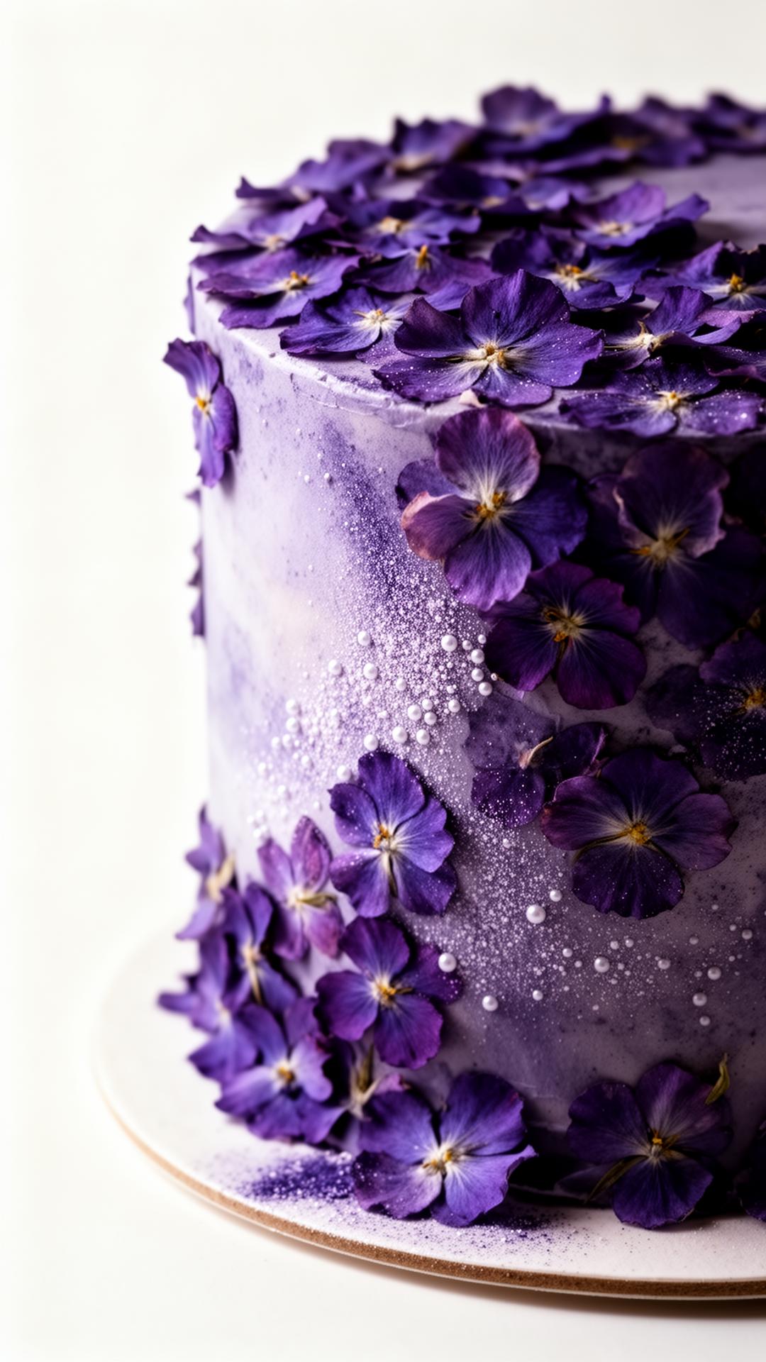 Custom cake covered in violet flowers and pearl dust